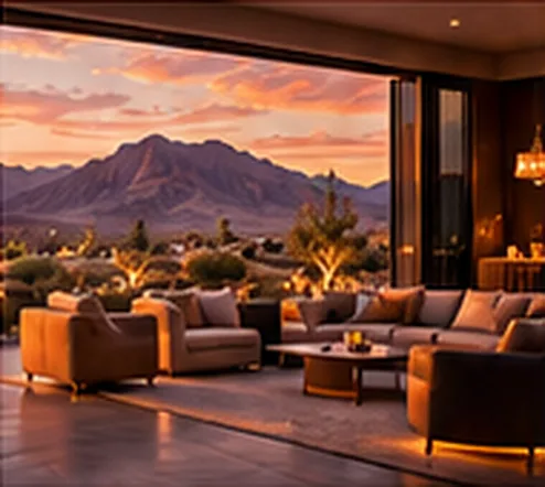 Open-air lounge facing the desert mountains