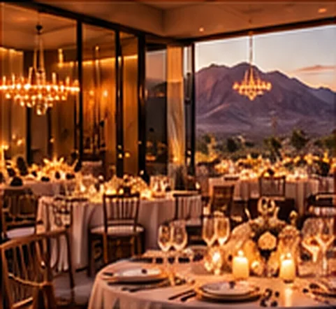 Candlelit reception hall with chandeliers and mountain views